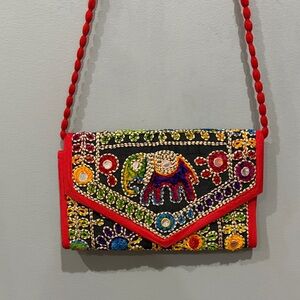 NWT Embroidered Elephant Crossbody Clutch Purse - Red Trim